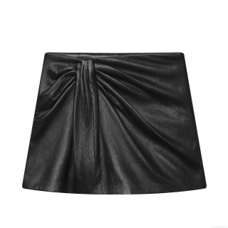 Sexy PU Leather Ruched Mini Skort With Polyester Lining Solid Black High Waist Drawstring Bodycon Streetwear Skirt For Fall Winter Party Clubwear