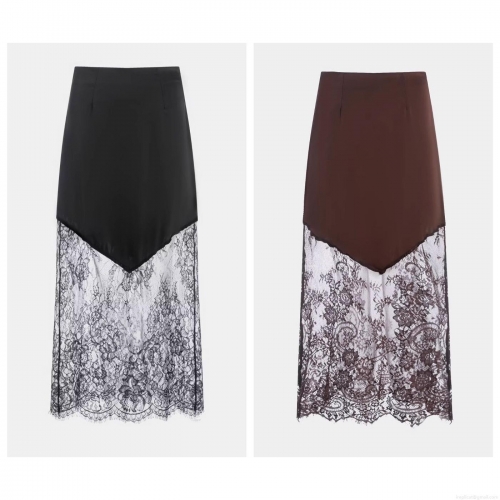Women's Elegant Satin And Lace Patchwork Midi Skirt High Waist V-Seam Eyelash Lace Trim A-Line Skirt For Party Daily Wear Chic Streetwear