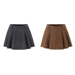 Women's Autumn Herringbone Pleated Mini Skirt With Safety Shorts High Waist A-Line Woolen Tweed Skort For Casual Streetwear Women Clothing