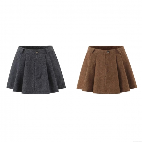 Women's Autumn Herringbone Pleated Mini Skirt With Safety Shorts High Waist A-Line Woolen Tweed Skort For Casual Streetwear Women Clothing