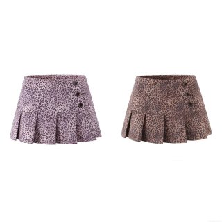 Women Leopard Print Pleated Mini Skirt With Safety Shorts High Waist Button Decor Polyester Spandex Short Skirt For Club Streetwear
