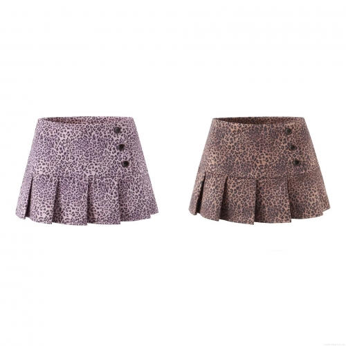 Women Leopard Print Pleated Mini Skirt With Safety Shorts High Waist Button Decor Polyester Spandex Short Skirt For Club Streetwear