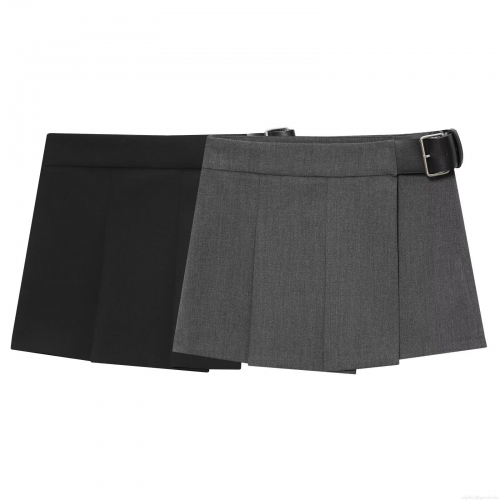 Women's High Waist Pleated Mini Skirt Casual A-Line Skort With Side Leather Buckle Polyester Blend Short Culottes For Streetwear Daily Wear
