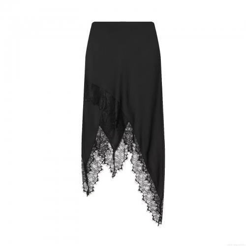 Women European Fashion Black Irregular Hem Lace Patchwork Midi Skirt Elegant Summer Streetwear High Waist Polyester Skirt Casual Chic Party Wear