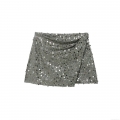Shiny Sequin Mini Skirt Women High Waist Slim Fit Double-Breasted Wrap Skirt Sexy Party Clubwear Grey Polyester Short Skirt