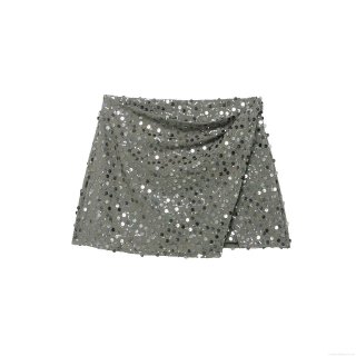 Shiny Sequin Mini Skirt Women High Waist Slim Fit Double-Breasted Wrap Skirt Sexy Party Clubwear Grey Polyester Short Skirt