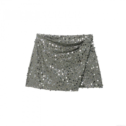 Shiny Sequin Mini Skirt Women High Waist Slim Fit Double-Breasted Wrap Skirt Sexy Party Clubwear Grey Polyester Short Skirt