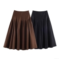 Women's High Waist Pleated Midi Skirt Casual Solid Color A-Line Satin Polyester Skirt for Streetwear Summer Fashion