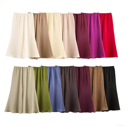 Women Satin Midi Skirt High Waist Elastic Solid Color Silky Texture Elegant Office Casual Party Drape Skirt Summer Fashion Minimalist Style Streetwear