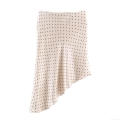 Women Fashion Polka Dot Asymmetric Midi Skirt Elegant High Waist Satin Texture Irregular Hem Streetwear Summer Beige Skirts