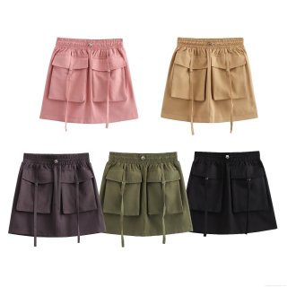 Women's Y2K Cargo Skirt Polyester High Waist Multi-Pocket A-Line Mini Skirt With Streamers Fashion Streetwear Short Skirts