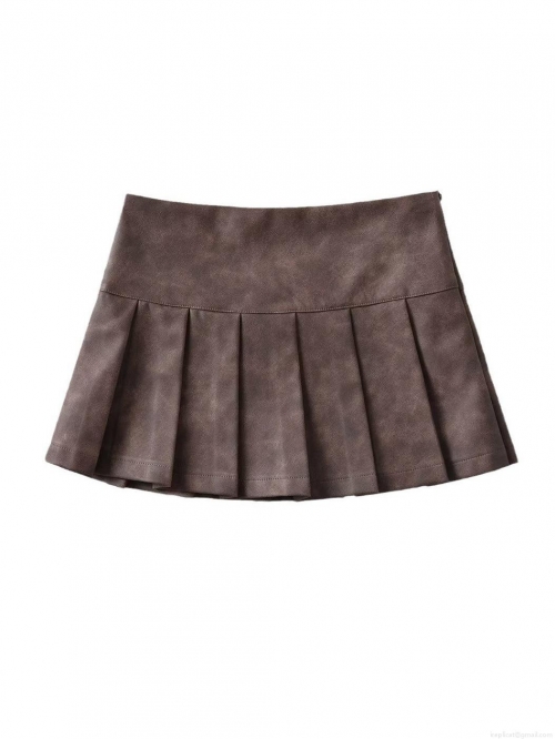 Women's High Waist PU Leather Pleated Mini Skirt Retro Solid Color Short Skirt With Double Metal Buckles Streetwear Fashion A-Line Skirt