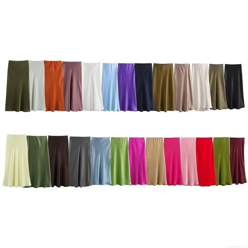 Women's High Waist Satin Midi Skirt Elegant Silk Texture A-Line Long Skirts For Summer Streetwear Travel Casual Party Office Wear Lady Fashion Skirts