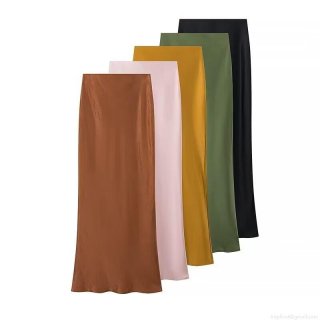 Fashion High Waist Satin Midi Skirt for Women Solid Color Glossy Silky Polyester Bodycon A-line Long Skirt for Streetwear Casual Dating Office Lady