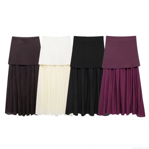 Women Fashion High Waist Knitted Patchwork Pleated Midi Skirt Elegant Polyester Splicing A-Line Long Skirt For Streetwear Chic Ladies Daily Wear