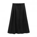 Women's Fashion High Waist Suede Texture A-Line Midi Skirt With Bow Tie Sash Solid Black Streetwear Casual Long Skirt