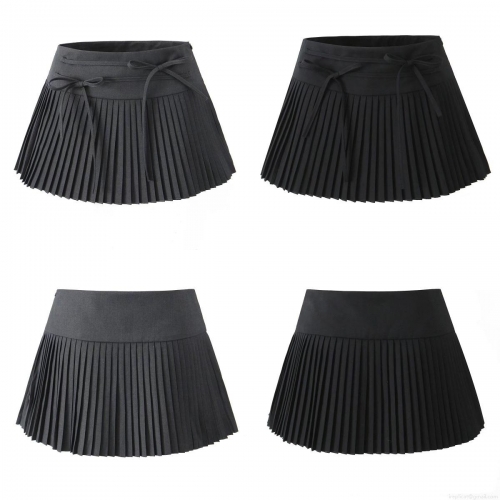 Women Pleated Mini Skirt Polyester Rayon Blend Lace-up High Waist A-line Short Skirt Street Style Casual Bottoms With Safety Shorts Inside