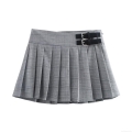 Women's Plaid Pleated Mini Skirt With Double Faux Leather Buckles High Waist Grey Checked Short Skirt Streetwear Preppy Style Bottoms