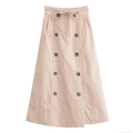 Women's Double-Breasted Midi Skirt 100% Polyester A-Line High Waist Belted Skirt For Daily Commute Western Street Style Female Fashion