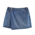 Women's High Waist A-Line Denim Skort Contrast Stitching Royal Blue Mini Skirt With Pockets Raw Hem Summer Streetwear Fashion Bottoms
