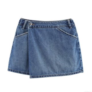 Women's High Waist A-Line Denim Skort Contrast Stitching Royal Blue Mini Skirt With Pockets Raw Hem Summer Streetwear Fashion Bottoms