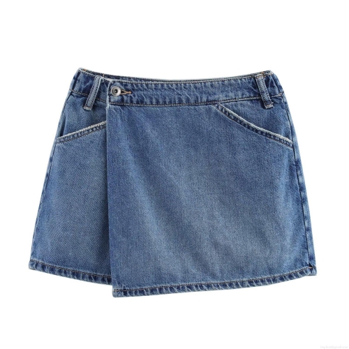 Women's High Waist A-Line Denim Skort Contrast Stitching Royal Blue Mini Skirt With Pockets Raw Hem Summer Streetwear Fashion Bottoms