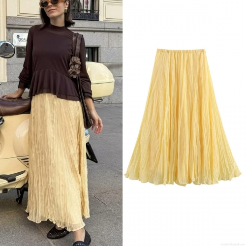 Women's High Waist Pleated Maxi Skirt Casual Elastic Waist A-Line Long Skirt For Spring Summer Vacation Streetwear Solid Color Flowy Fashion Skirt