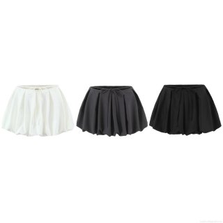 Women's European Street Fashion Bubble Mini Skirt Solid Color Pleated Puffy Skirt With Drawstring Waist Polyester Rayon Blend Casual Short Skirt For Women