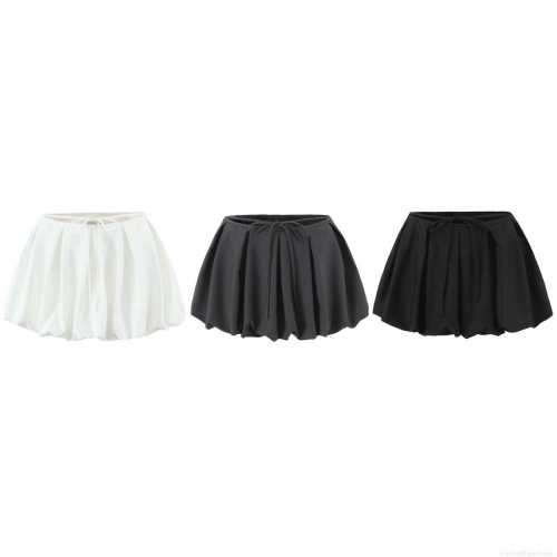 Women's European Street Fashion Bubble Mini Skirt Solid Color Pleated Puffy Skirt With Drawstring Waist Polyester Rayon Blend Casual Short Skirt For Women