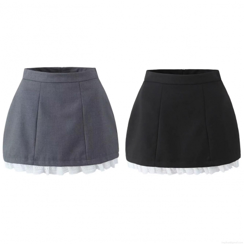 Women European Style Patchwork Lace Hem Floral Bud Puffy Mini Skirt High Waist Polyester Streetwear A-line Short Skirt for Women Fashionable Bottoms