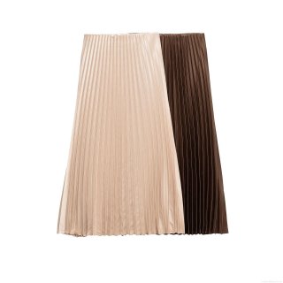Elegant Women's Satin Pleated Midi Skirt High Waist Elastic Silk Texture A-Line Long Skirt For Party Daily Streetwear Fashion Women