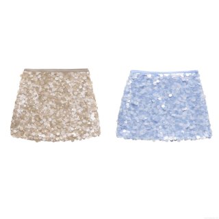 Women's Sexy Sequin A-Line Mini Skirt Shiny Large Circular Paillette Short Skirt For Party Club Night Out Streetwear Summer Khaki Light Blue