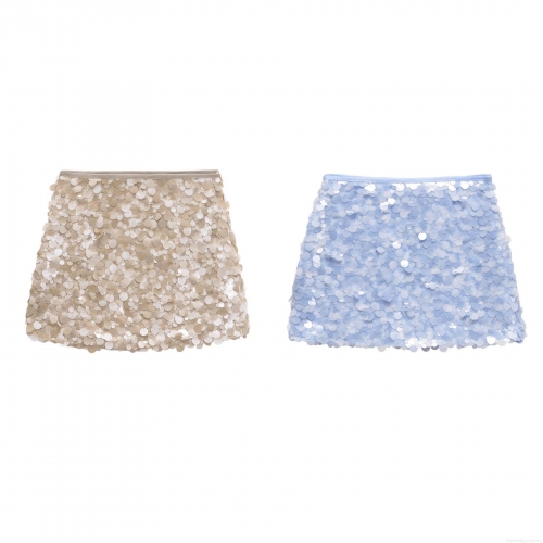 Women's Sexy Sequin A-Line Mini Skirt Shiny Large Circular Paillette Short Skirt For Party Club Night Out Streetwear Summer Khaki Light Blue