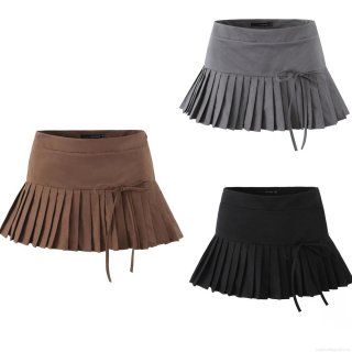 Women's High Waist Pleated Mini Skirt With Bow Tie Cotton Blend A-Line Short Skirt Streetwear Casual Skirts For Women