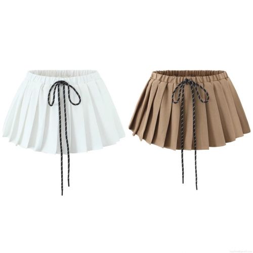 Women's Summer Pleated Mini Skirt Polyester Spandex A-Line Short Skirts With Drawstring Elastic High Waist Casual Streetwear Bottoms