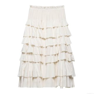 Women's Elegant Tiered Cake Skirt Satin Luster Polyester Ruffle Midi Skirt Elastic High Waist Street Style Solid Color Apricot Skirt for Dating Daily Wear