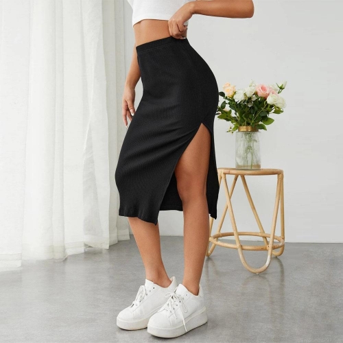 Women's High Waist Knitted Midi Skirt Elegant Side Slit Bodycon Ribbed Skirt Elastic Waist Slim Fit Casual Office Skirt for Women