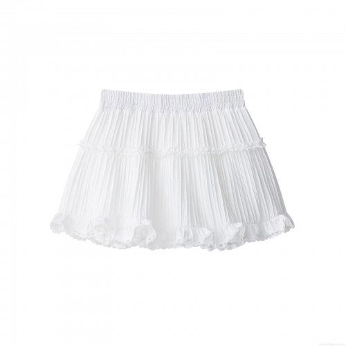Women's Summer White Layered Cake Mini Skirt Pleated Lace Trim Polyester High Waist Ruffle Short Skirt For Casual Beach Streetwear Lady