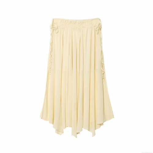 Summer Women's Irregular Chiffon Midi Skirt Solid Light Yellow Lace-up Elastic Waist Bow Patchwork A-line Casual Street Style Skirt