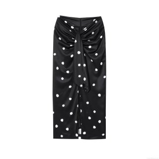 Women's Polka Dot Satin Midi Skirt Vintage Twist Knot Front High Waist Slit A-Line Elegant Summer Streetwear Skirt
