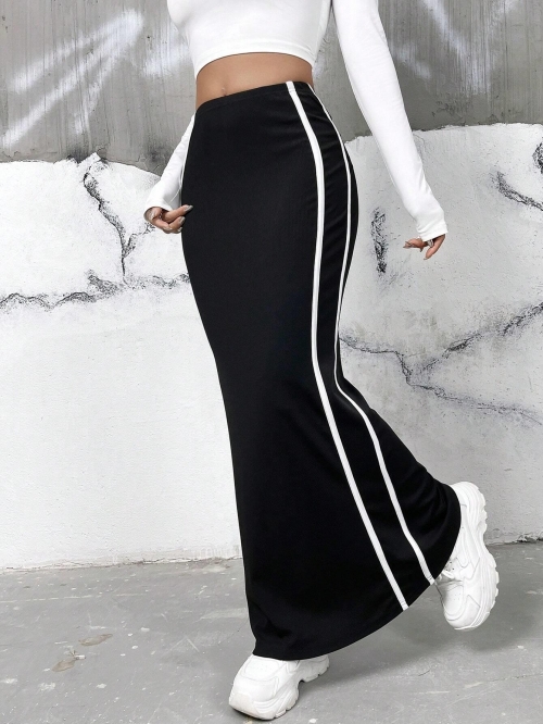 Women's Elegant Bodycon Maxi Skirt Side White Double Stripe Contrast Polyester Spandex High Waist Slim Fit Athletic Casual Long Pencil Skirt