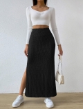 Women's High Waist Ribbed Knit Maxi Skirt Minimalist Solid Color Side Slit Slim Fit Pencil Long Skirt Polyester Spandex Casual Bottoms