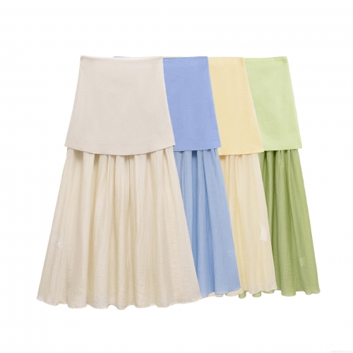Women's Spliced Midi Skirt Knit Chiffon Pleated High Waist Patchwork A-Line Skirt Elegant Daily Streetwear Skirt For Women