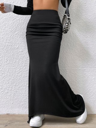 Women's High Waist Ruched Fishtail Maxi Skirt 95% Polyester 5% Elastane Slim Fit Drape Long Skirt For Daily Party Elegant Office Ladies Wear