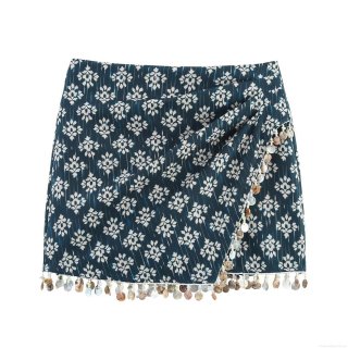 Women's Ethnic Peacock Green Floral Print Asymmetric Skort With Shell Bead Tassel Fringe Summer A-Line Mini Skirt Short Pants For Streetwear Vacation