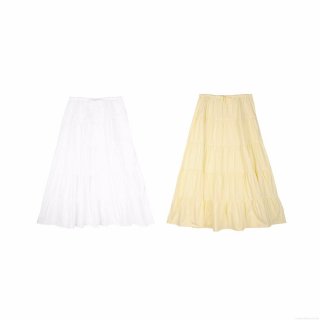 Women Cotton Tiered Midi Skirt Elastic Waist Pleated Patchwork Loose Casual Summer Street Style Cake Skirt For Women Solid White Yellow