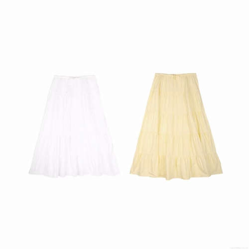 Women Cotton Tiered Midi Skirt Elastic Waist Pleated Patchwork Loose Casual Summer Street Style Cake Skirt For Women Solid White Yellow