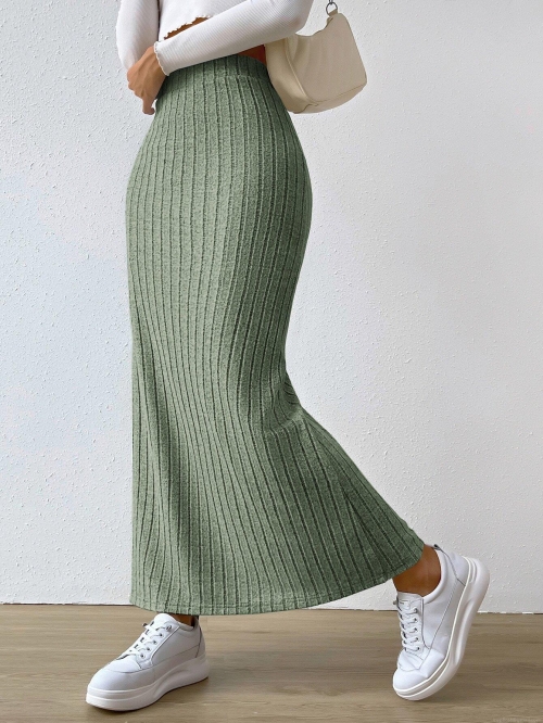 Women's Elegant High Waist Ribbed Knit Maxi Skirt Side Slit Slim Fit Polyester Elastane Long Bodycon Pencil Skirts For Casual Daily Work Party