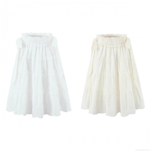 Women Summer High Waist Eyelet Embroidery Cotton Skirt Bohemian Tiered Ruffle Hem A-Line Midi Skirts Elegant Floral Lace Hollow Out Patchwork Skirt Women Vacation