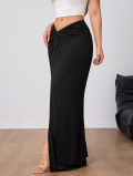 Women Elegant High Waisted Slit Maxi Skirt Polyester Elastane Bodycon Ruched Back Twist Knot Midi Skirt For Work Party Daily Wear